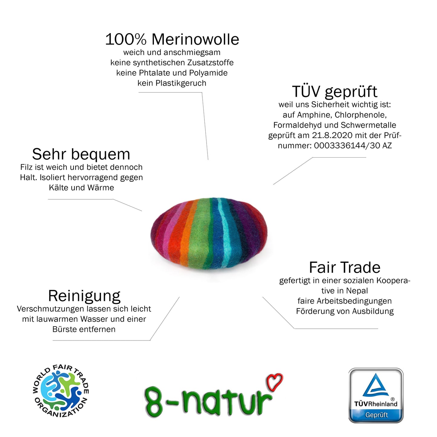 Rundes Stuhlkissen aus 100% reinem Merinofilz in Regenbogen dick Ca. 35 cm Durchmesser für Designerstühle, Bänke und Stühle - 8-Natur