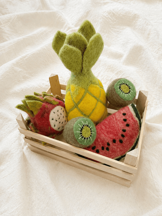 Sonnengereifter Filz-Obstkorb – Ananas, Pitaya, Melone & Kiwis