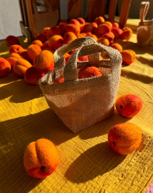 6er Set Filz Aprikosen in kleiner Tasche – Handgemachtes Spielzeug für Kaufladen & Kinderküche