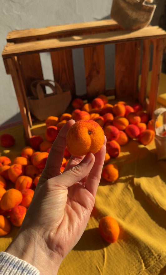 6er Set Filz Aprikosen in kleiner Tasche – Handgemachtes Spielzeug für Kaufladen & Kinderküche