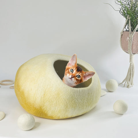 Katzenhöhle Findus gelb Filz 100% Wolle fair, ökologisch und schadstoffgeprüft